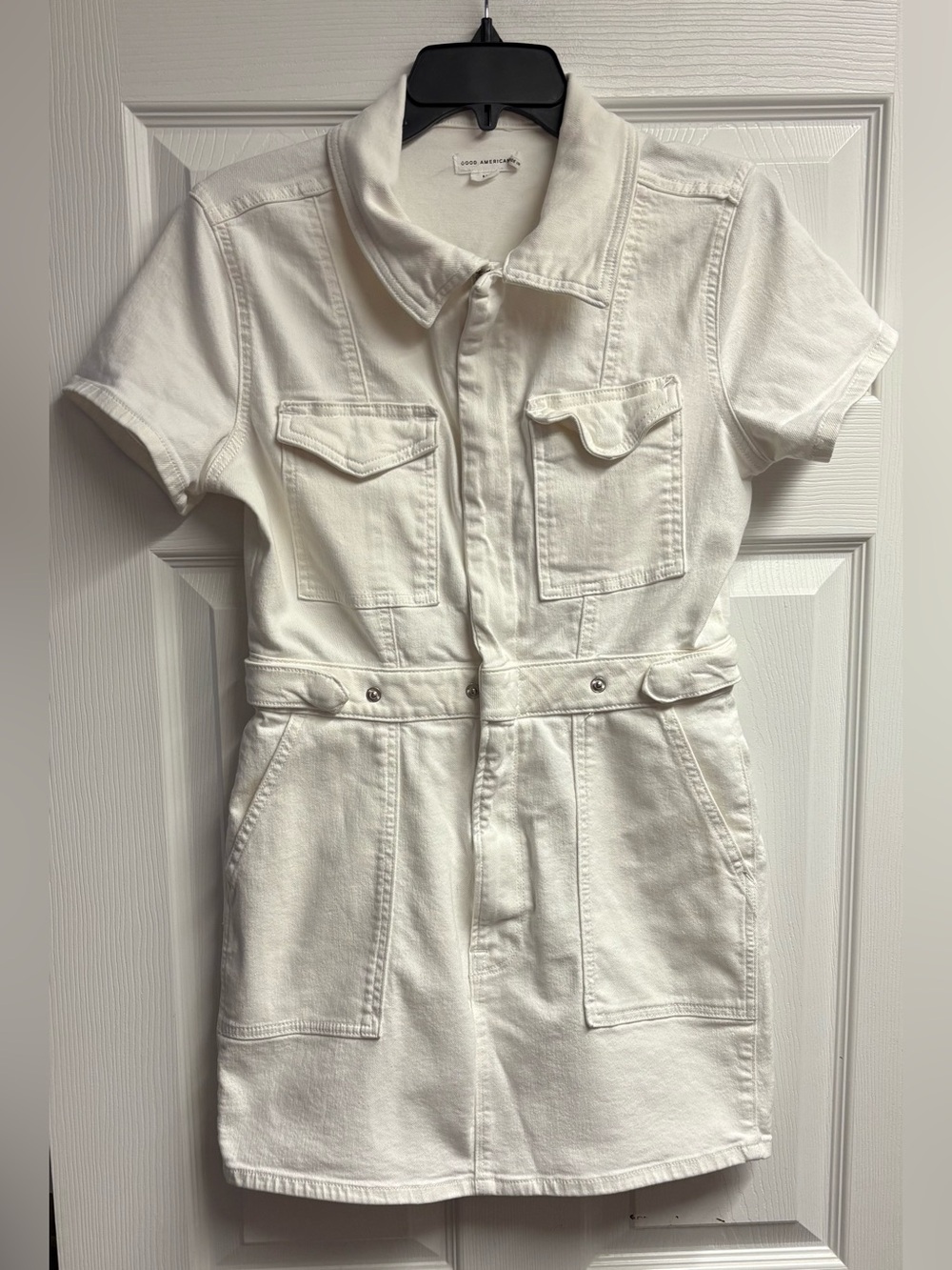Good American Fit For Success White Denim Utility Mini Dress Size Medium - Picture 2 of 5